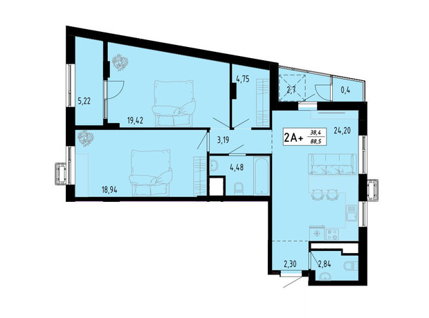 ЖК Академический: планировка 2-комнатной квартиры 88.5 м²