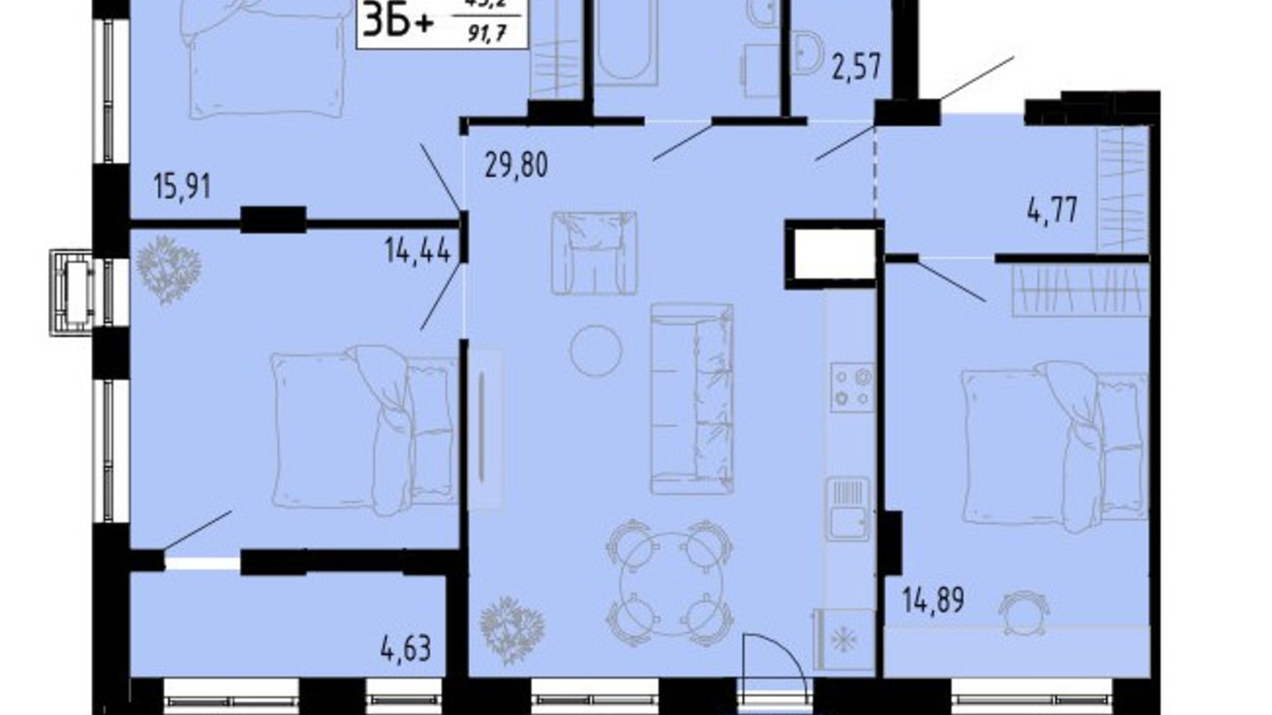 Планировка 3-комнатной квартиры в ЖК Академический 91.7 м², фото 597424