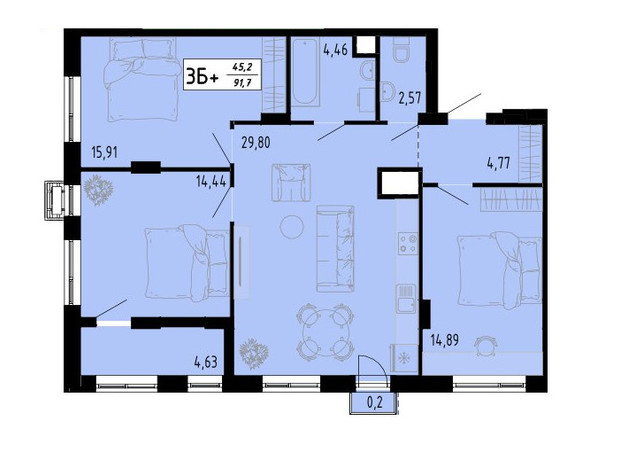 ЖК Академический: планировка 3-комнатной квартиры 91.7 м²