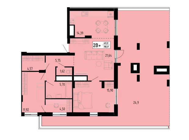 ЖК Академический: планировка 2-комнатной квартиры 110.9 м²