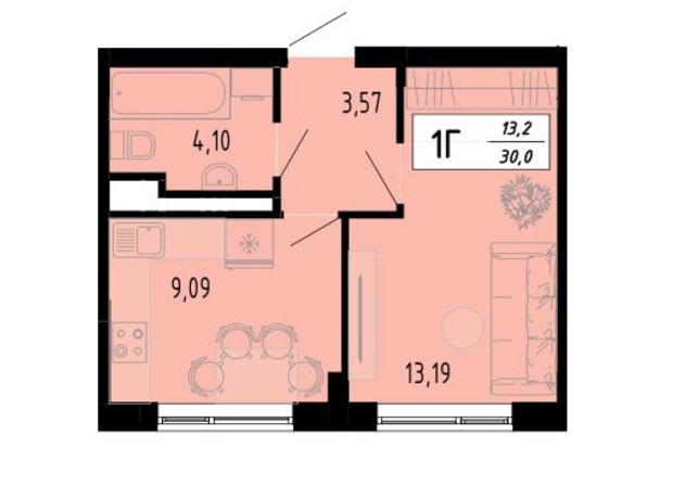 ЖК Академический: планировка 1-комнатной квартиры 30 м²