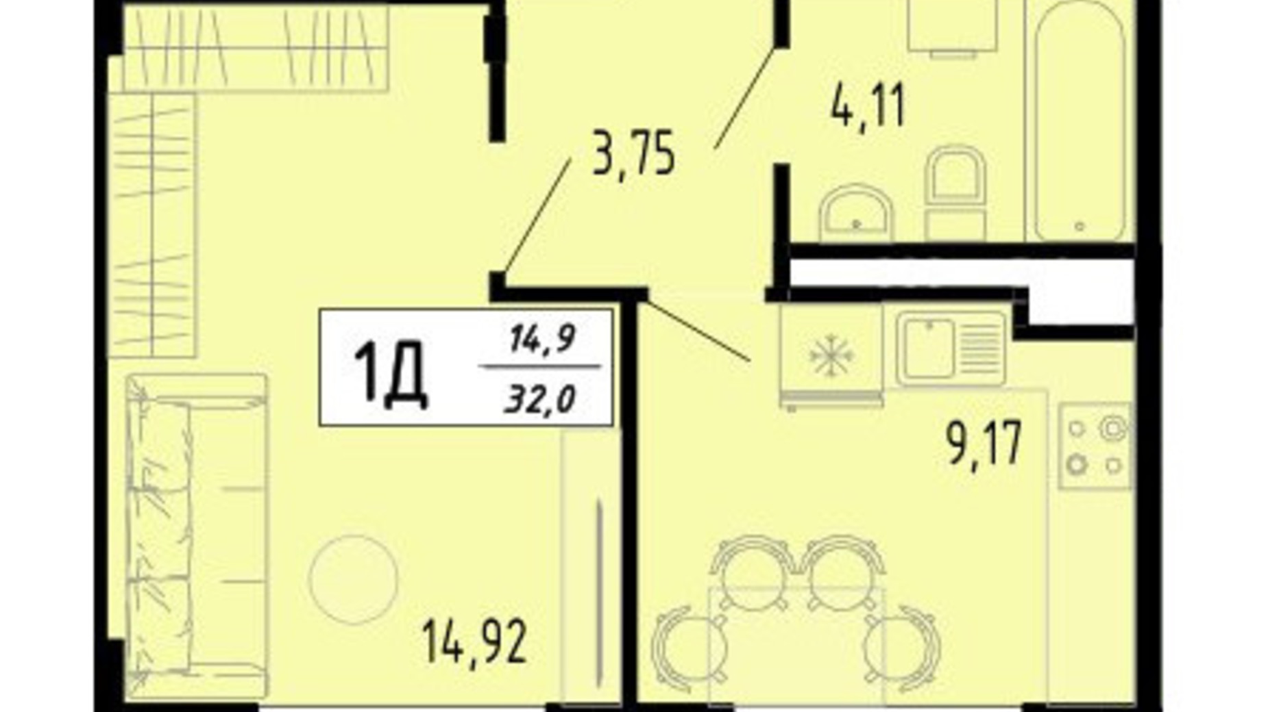 Планировка 1-комнатной квартиры в ЖК Академический 32 м², фото 597429