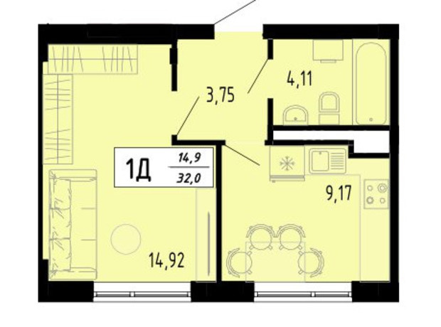 ЖК Академічний: планування 1-кімнатної квартири 32 м²