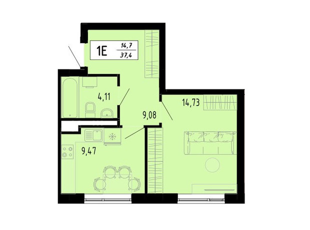 ЖК Академический: планировка 1-комнатной квартиры 37.4 м²