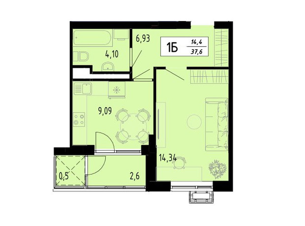 ЖК Академический: планировка 1-комнатной квартиры 37.6 м²