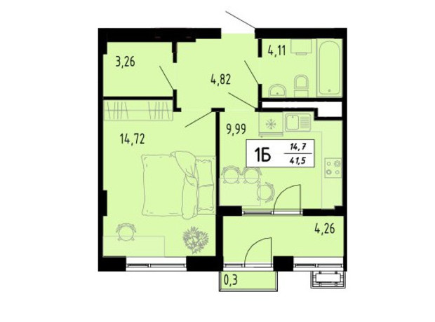 ЖК Академический: планировка 1-комнатной квартиры 41.5 м²