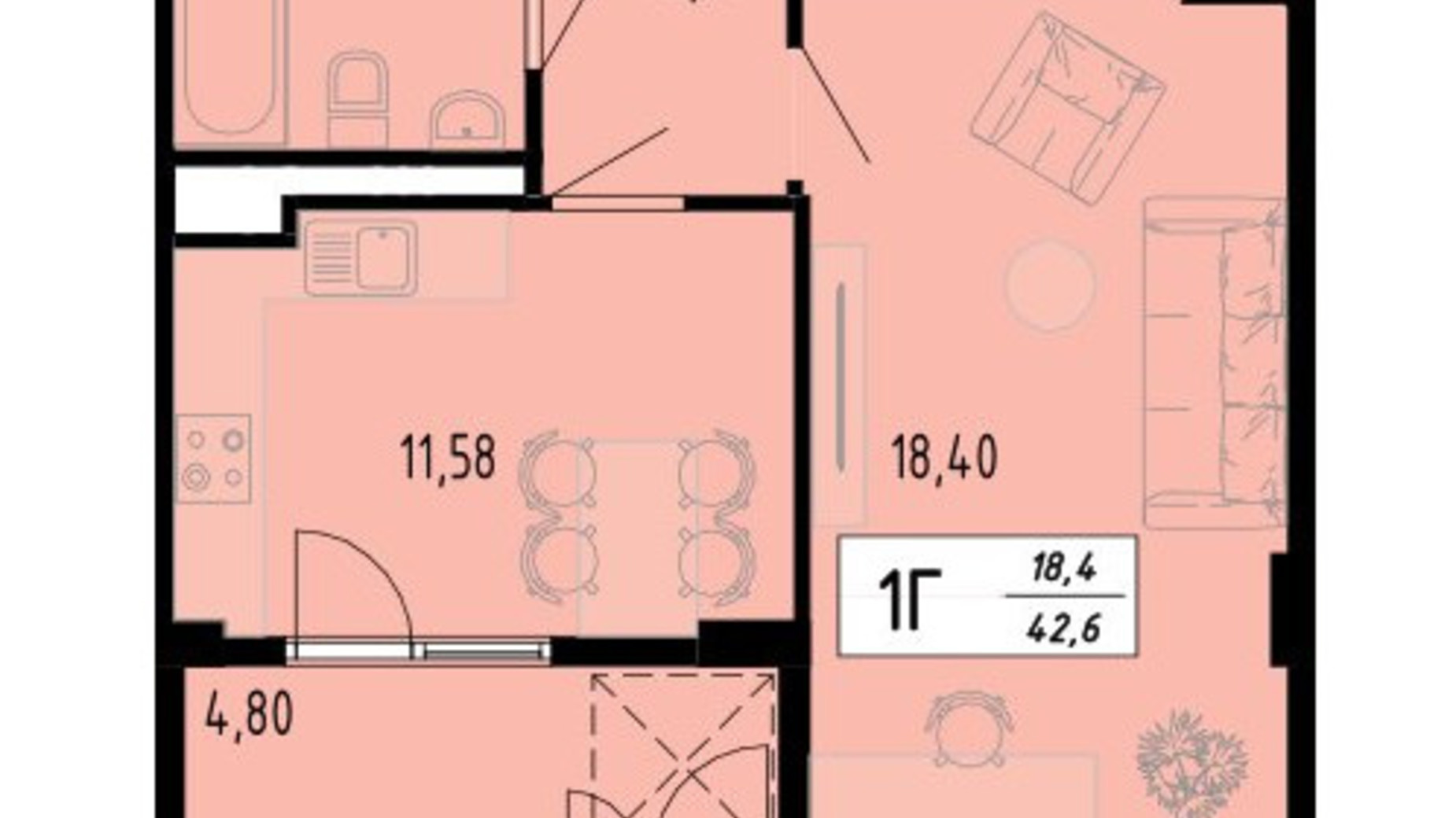 Планировка 1-комнатной квартиры в ЖК Академический 42.6 м², фото 597434