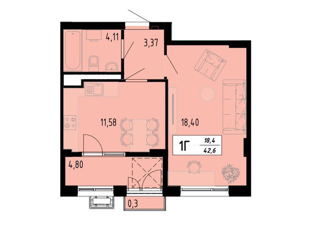 ЖК Академический: планировка 1-комнатной квартиры 42.6 м²