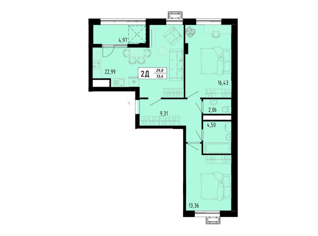 ЖК Академический: планировка 2-комнатной квартиры 73.6 м²