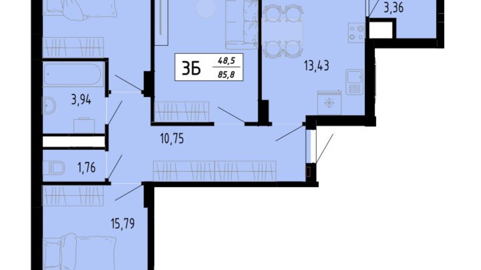 Планировка 3-комнатной квартиры в ЖК Академический 85.8 м², фото 597436