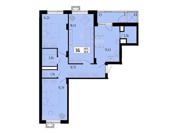 ЖК Академический: планировка 3-комнатной квартиры 85.8 м²