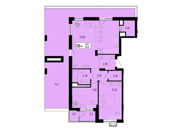 ЖК Академический: планировка 2-комнатной квартиры 93.2 м²