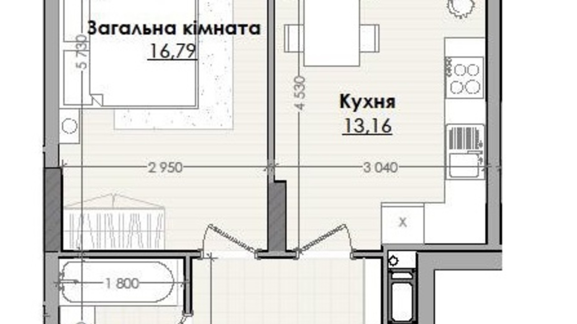 Планування 1-кімнатної квартири в ЖК Millennium 43.5 м², фото 597483