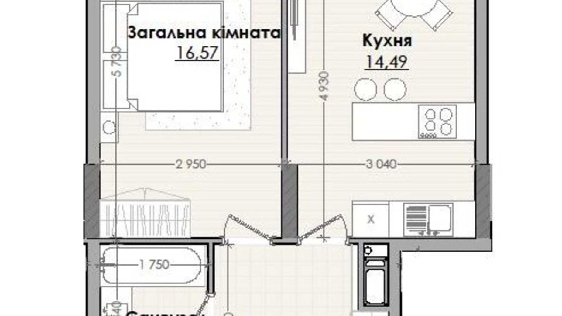 Планування 1-кімнатної квартири в ЖК Millennium 43.8 м², фото 597485