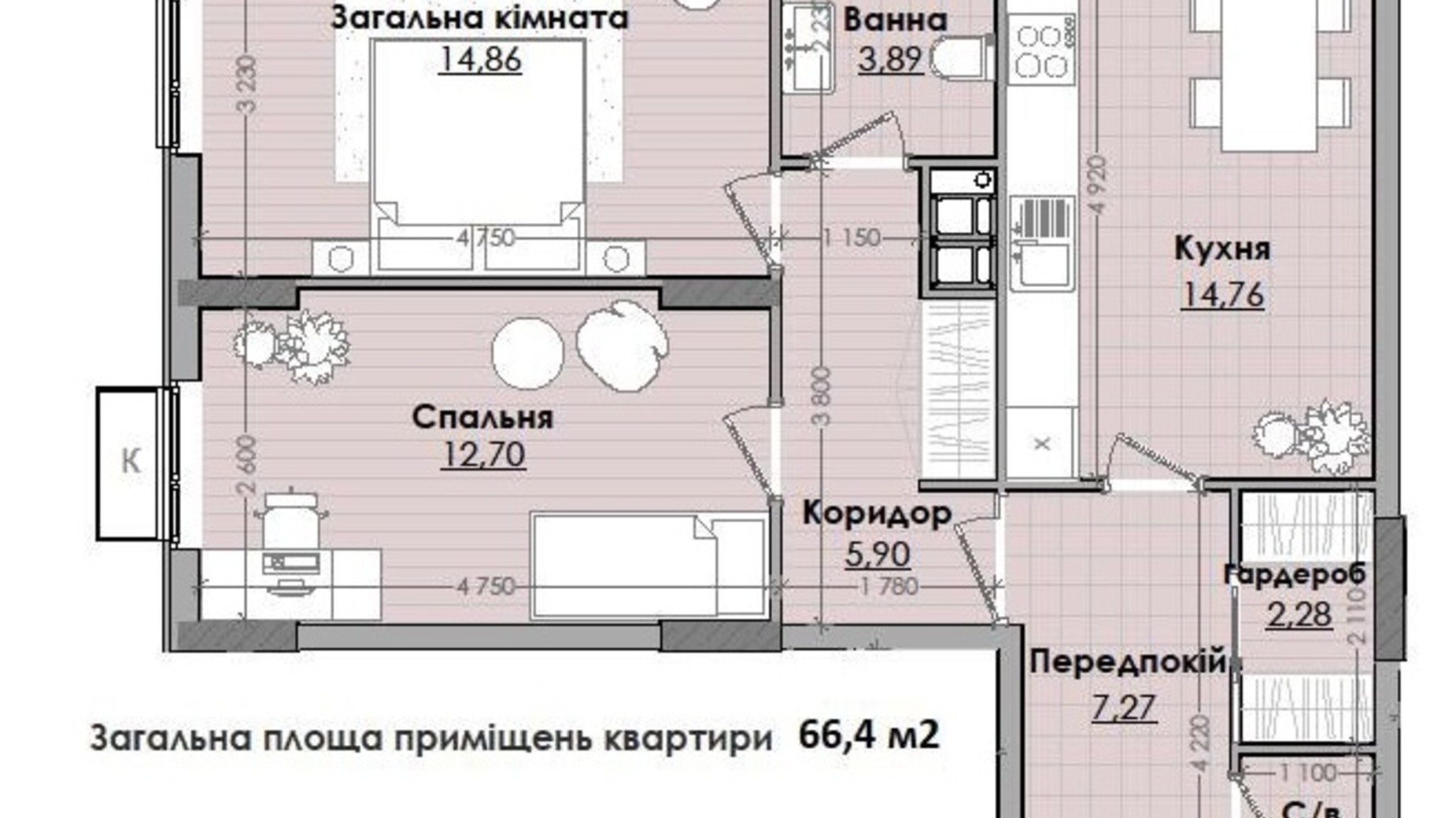 Планировка 2-комнатной квартиры в ЖК Millennium 66.4 м², фото 597488