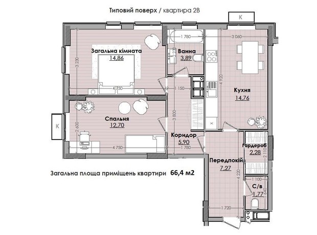 ЖК Millennium: планировка 2-комнатной квартиры 66.4 м²