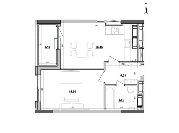 ЖК Maxima Residence: планировка 1-комнатной квартиры 47.55 м²