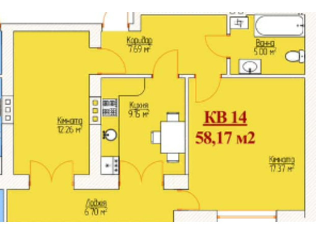ЖК Возрождение: планировка 2-комнатной квартиры 58.17 м²