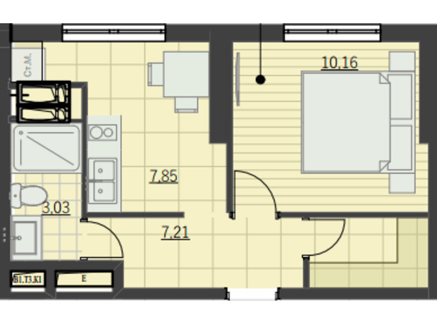 ЖК Park Hills: планування 1-кімнатної квартири 28.25 м²