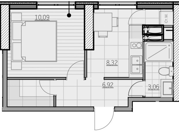 ЖК Park Hills: планування 1-кімнатної квартири 28.39 м²