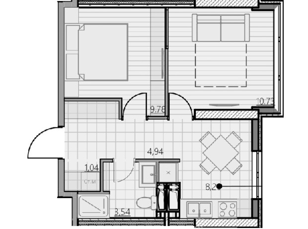 ЖК Park Hills: планування 1-кімнатної квартири 38.23 м²