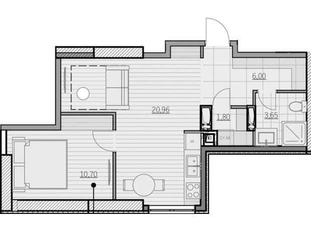 ЖК Park Hills: планировка 1-комнатной квартиры 43.11 м²