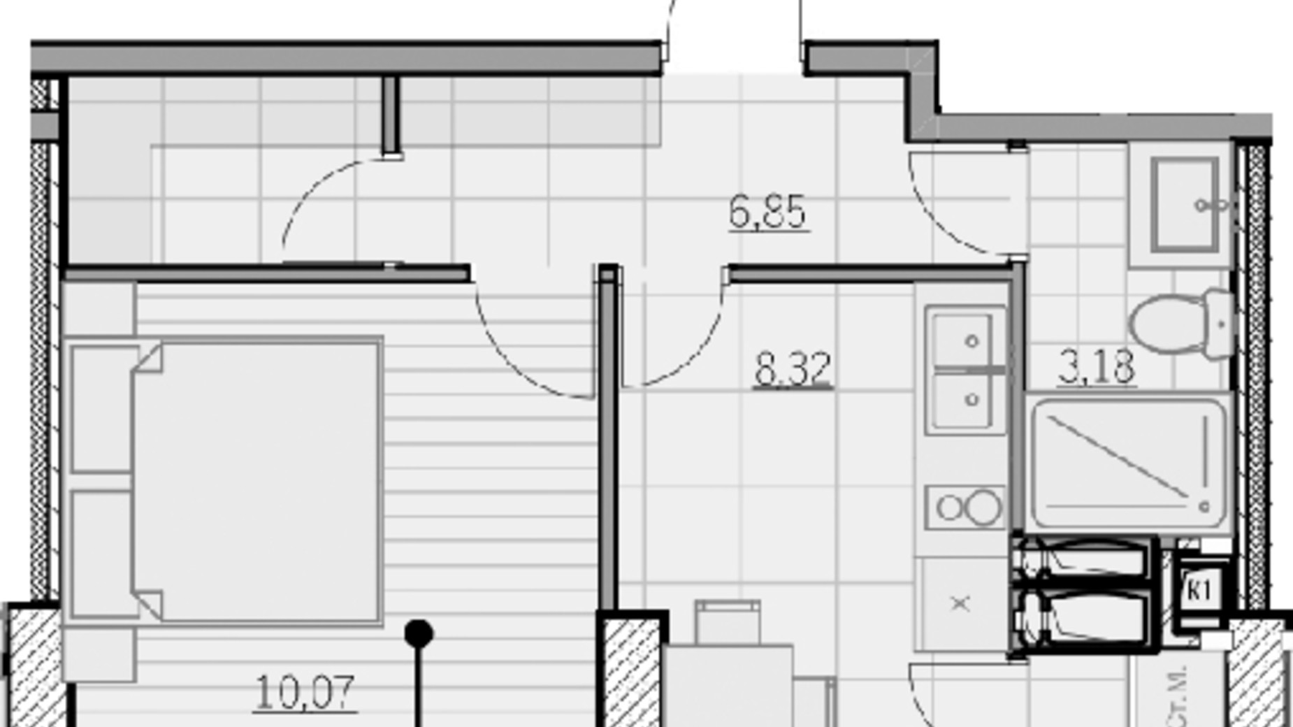 Планування 1-кімнатної квартири в ЖК Park Hills 28.42 м², фото 597757