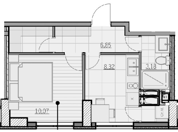 ЖК Park Hills: планування 1-кімнатної квартири 28.42 м²