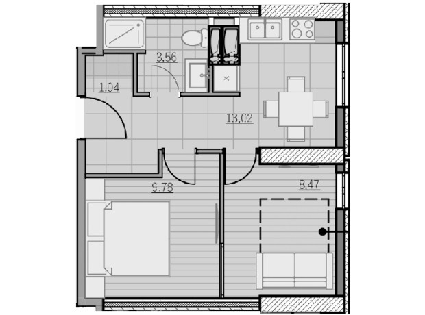 ЖК Park Hills: планування 1-кімнатної квартири 35.87 м²