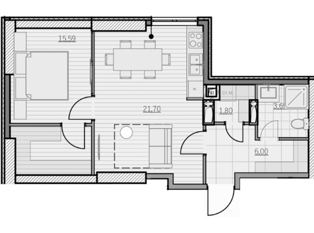 ЖК Park Hills: планування 1-кімнатної квартири 48.74 м²