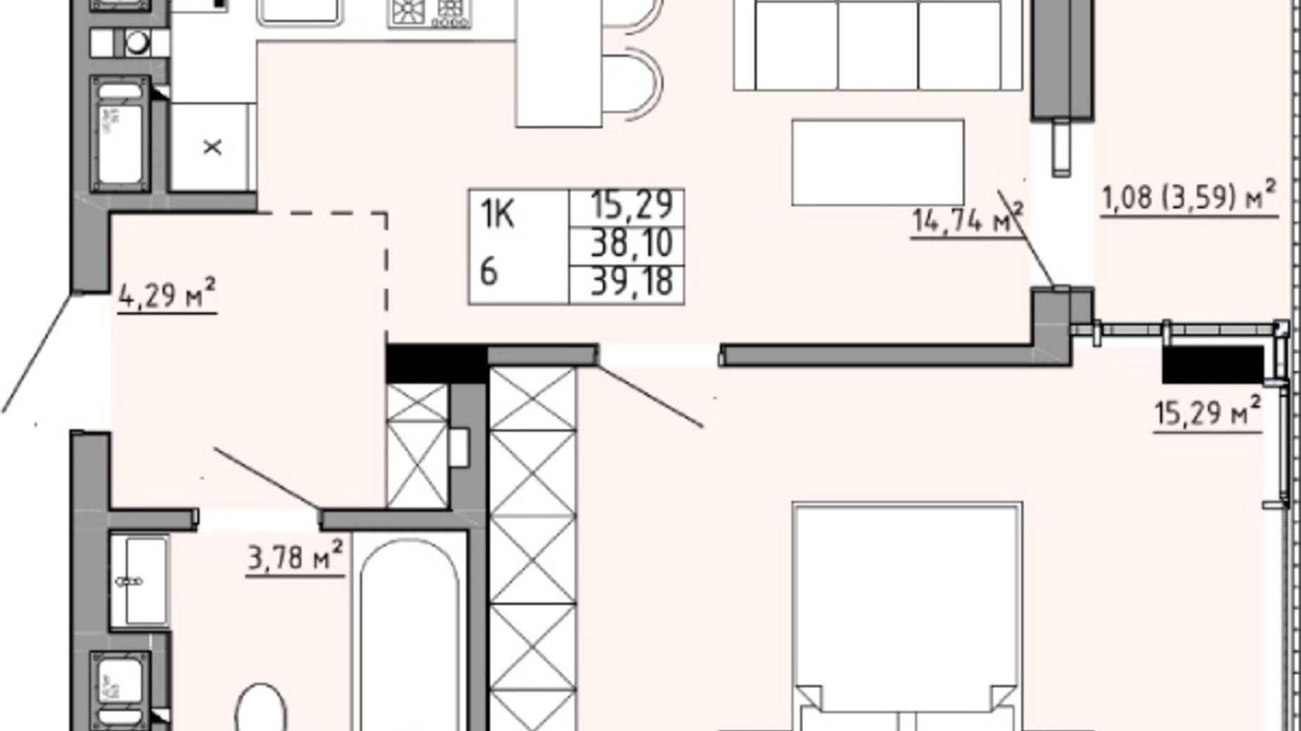 Планування 1-кімнатної квартири в ЖК Family House  39.18 м², фото 598003