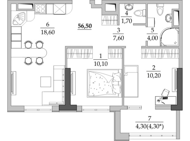 ЖК Таїровські сади: планування 2-кімнатної квартири 56.5 м²