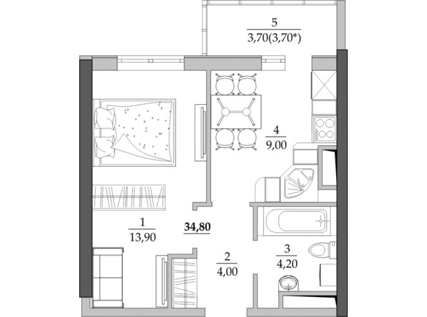 ЖК Таїровські сади: планування 1-кімнатної квартири 34.8 м²