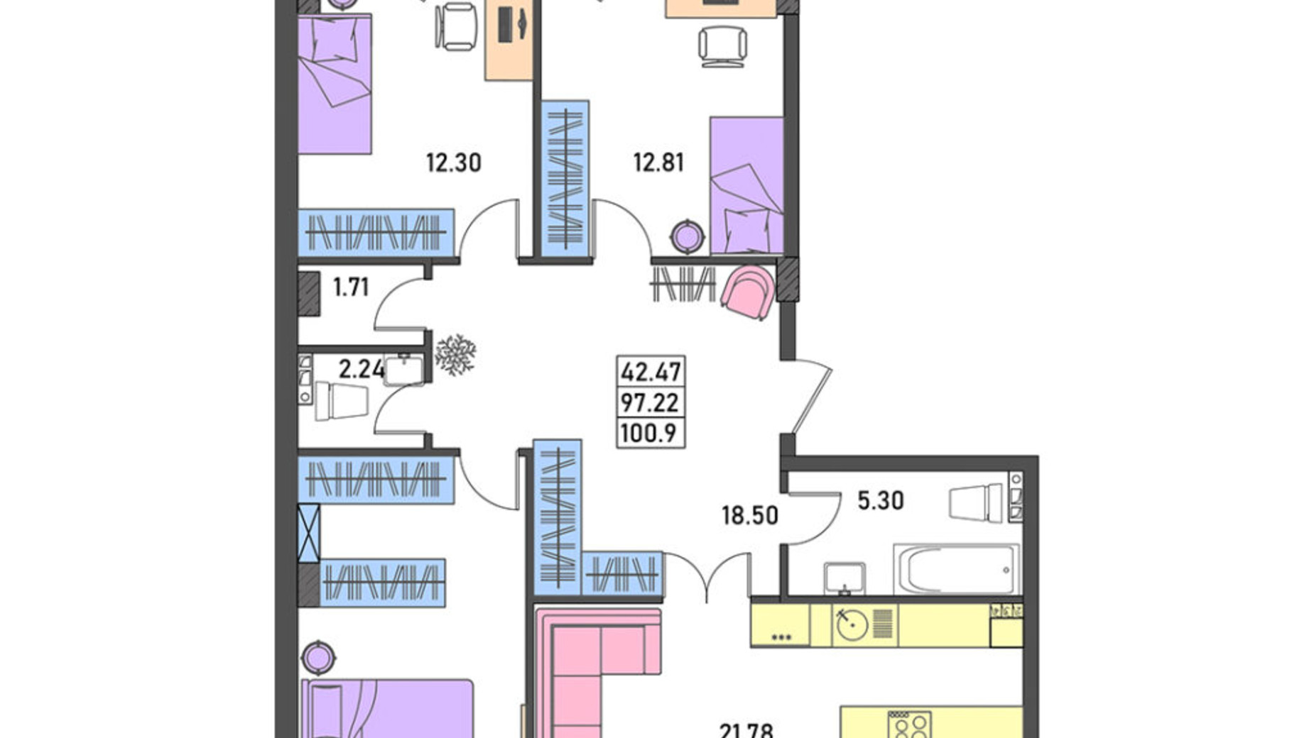 Планировка 3-комнатной квартиры в ЖК Меридиан 101 м², фото 598020