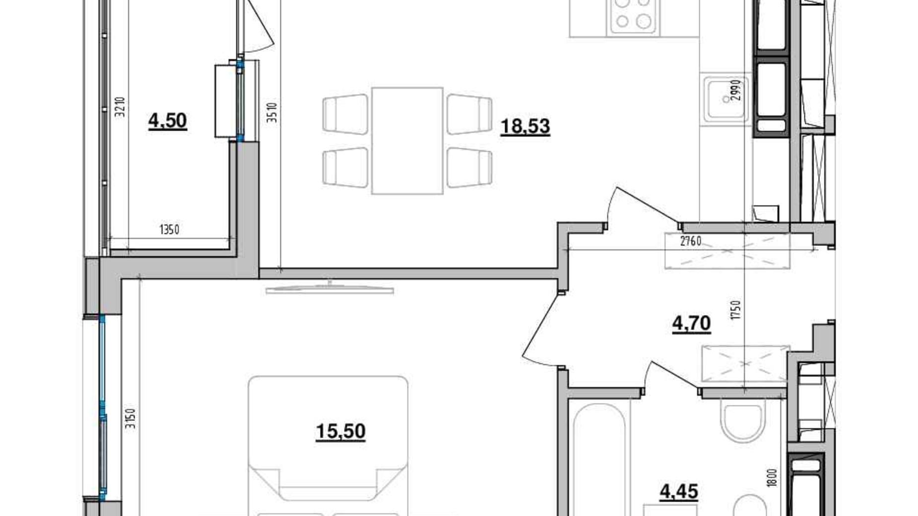 Планування 1-кімнатної квартири в ЖК Maxima Residence 47.68 м², фото 598048