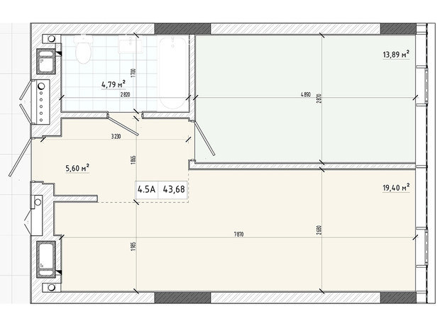 Апарт-комплекс APART HALL : планировка 1-комнатной квартиры 44.38 м²