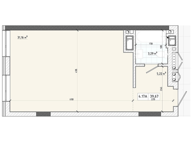 Апарт-комплекс Apart Hall: планировка 1-комнатной квартиры 39.67 м²