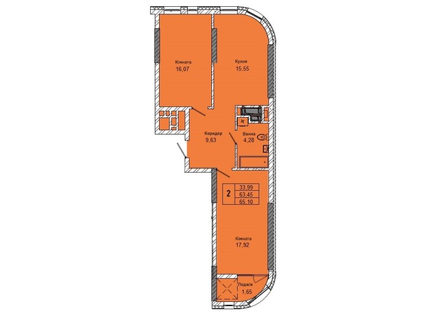 ЖК ул. Миколайчука, 38: планировка 2-комнатной квартиры 65.1 м²