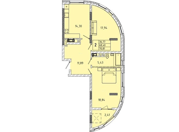 ЖК ул. Миколайчука, 38: планировка 2-комнатной квартиры 70.81 м²