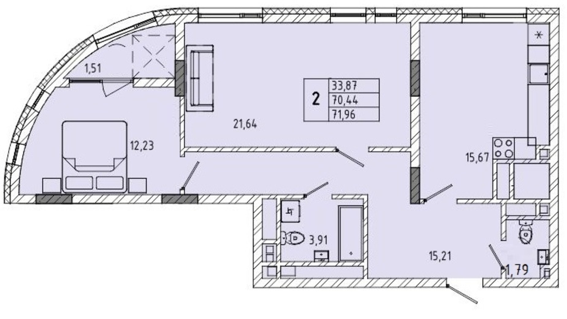 Планування 2-кімнатної квартири в ЖК вул. Миколайчука, 38  71.96 м², фото 598201