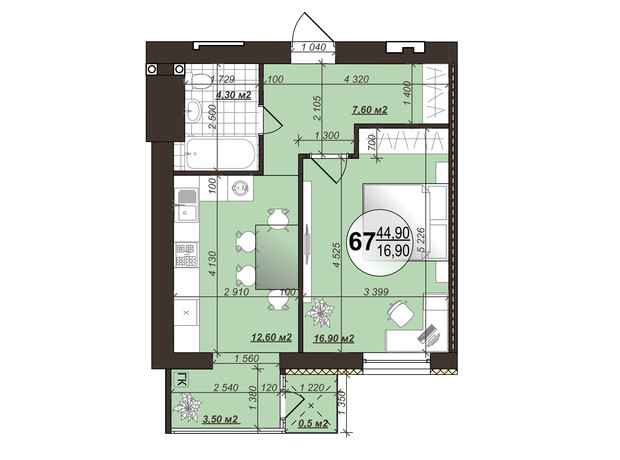 ЖК Добробуд: планировка 1-комнатной квартиры 45.9 м²