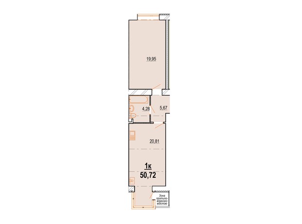 ЖК Староміський: планування 1-кімнатної квартири 50.72 м²
