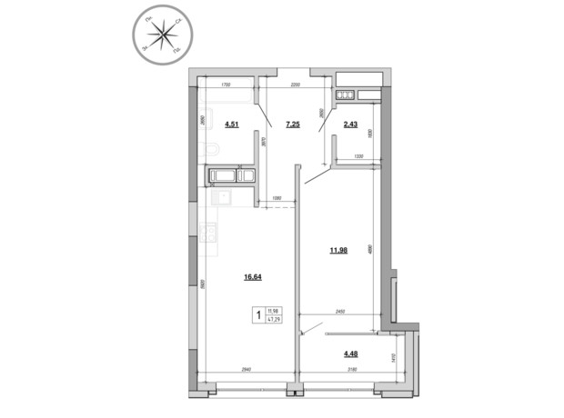 ЖК на Величковского: планировка 1-комнатной квартиры 47.29 м²