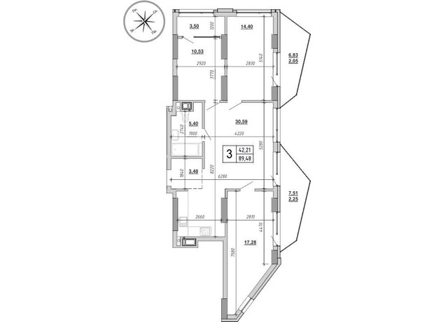 ЖК на Величковського: планування 3-кімнатної квартири 89.48 м²