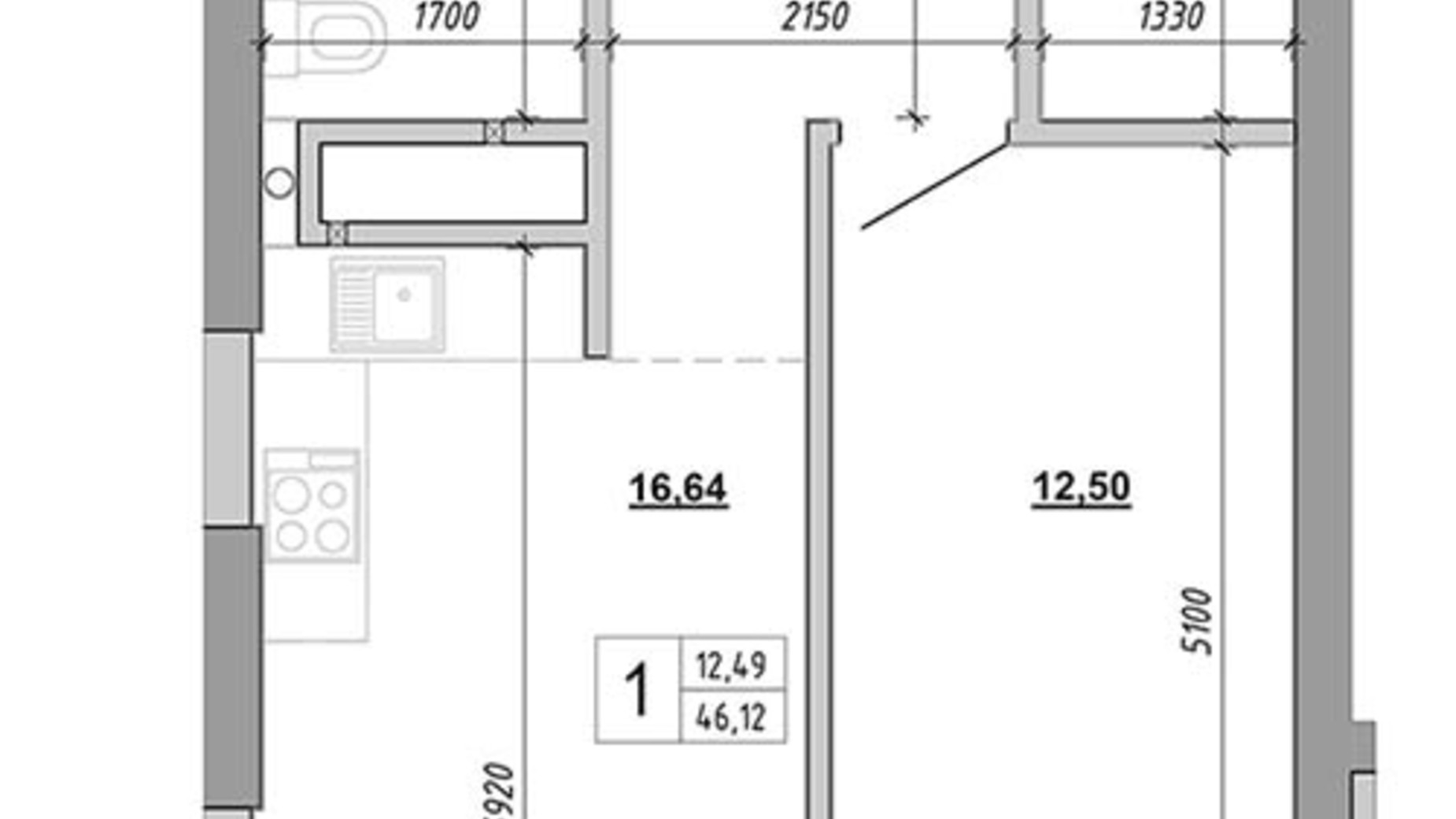 Планировка 1-комнатной квартиры в ЖК на Величковского 46.12 м², фото 598243