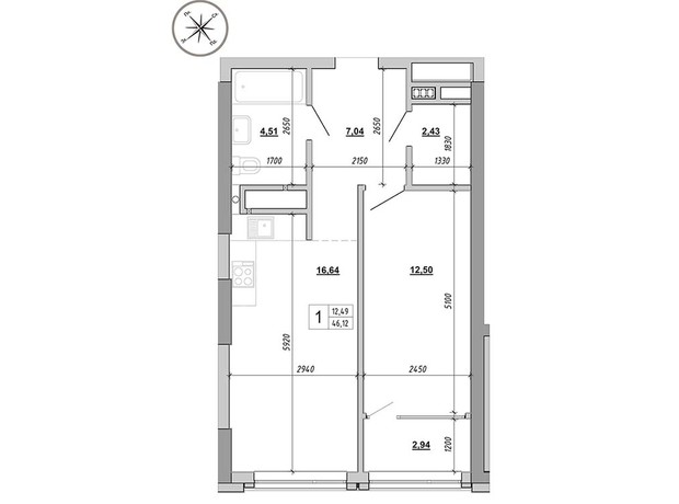 ЖК на Величковского: планировка 1-комнатной квартиры 46.12 м²