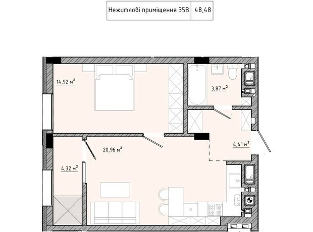 ЖК на Спортивній: планування 1-кімнатної квартири 48.48 м²