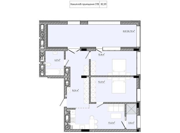 ЖК на Спортивной: планировка 3-комнатной квартиры 82.09 м²