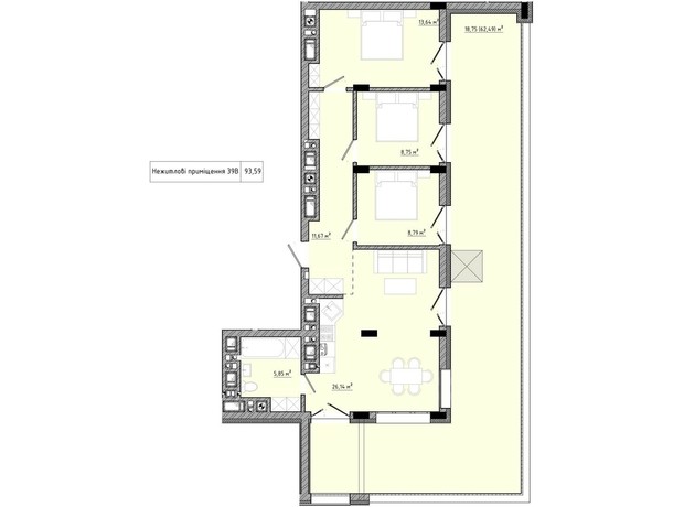 ЖК на Спортивной: планировка 3-комнатной квартиры 93.59 м²