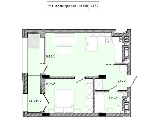 ЖК на Спортивной: планировка 1-комнатной квартиры 41.89 м²